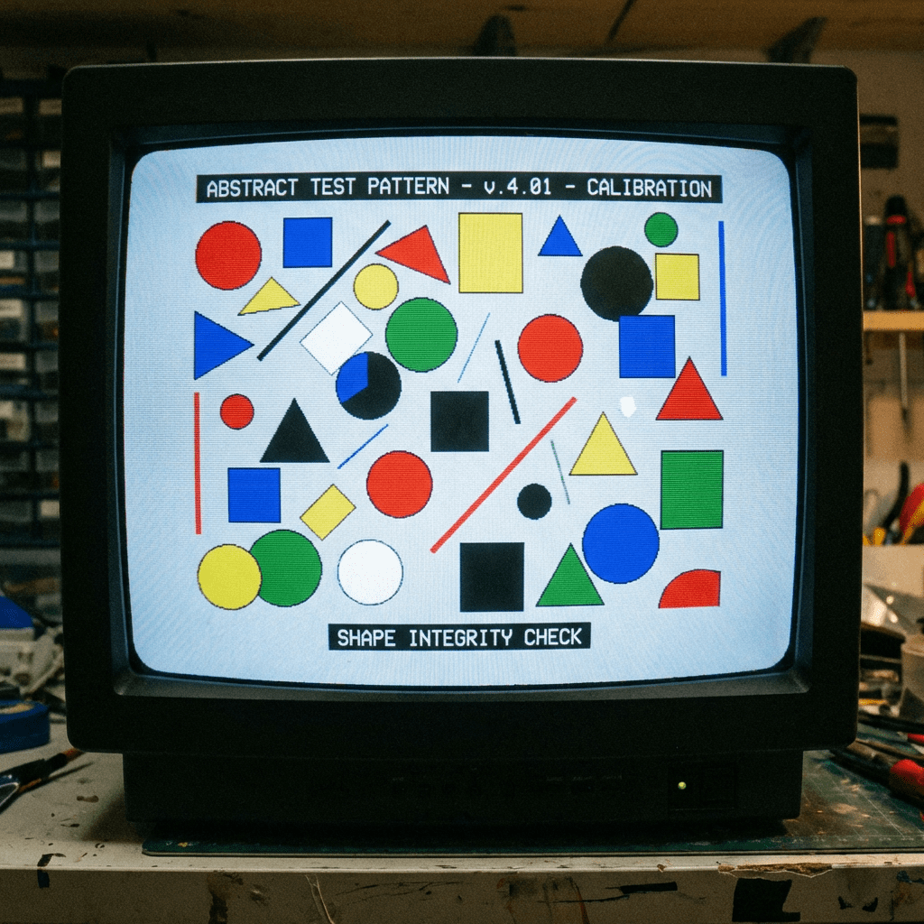 ABSTRACT TEST PATTERN - v.4.01 - CALIBRATION, SHAPE INTEGRITY CHECK on retro CRT monitor with colorful shapes.
